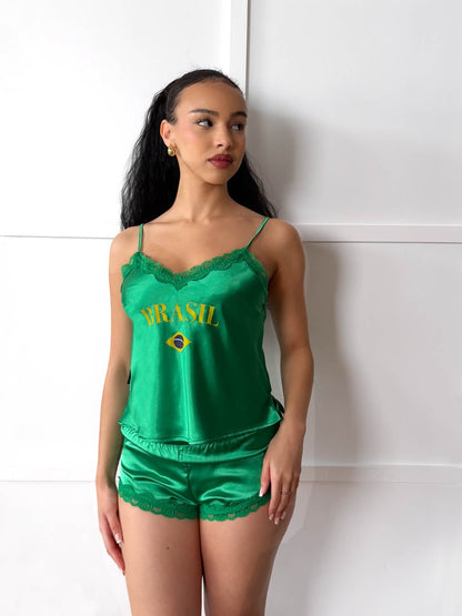 Brasil Green Satin Cami & Shorts Set - Flag & Lace
