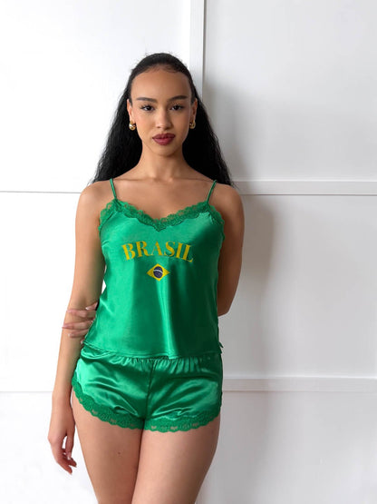 Brasil Green Satin Cami & Shorts Set - Flag & Lace