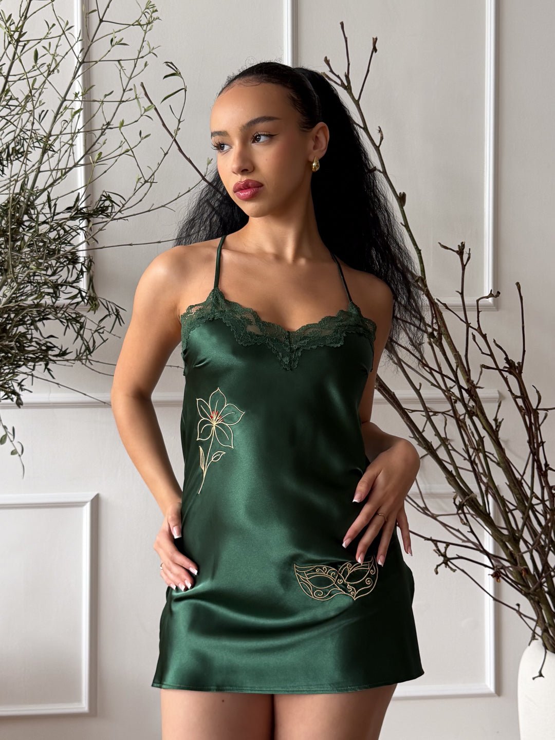 Emerald Green Chemise with Mask & Orchid Embroidery - Flag & Lace