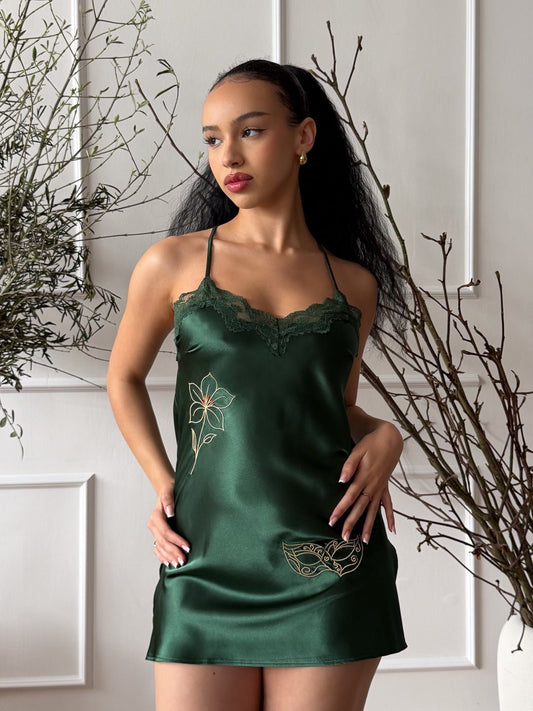 Emerald Green Chemise with Mask & Orchid Embroidery - Flag & Lace