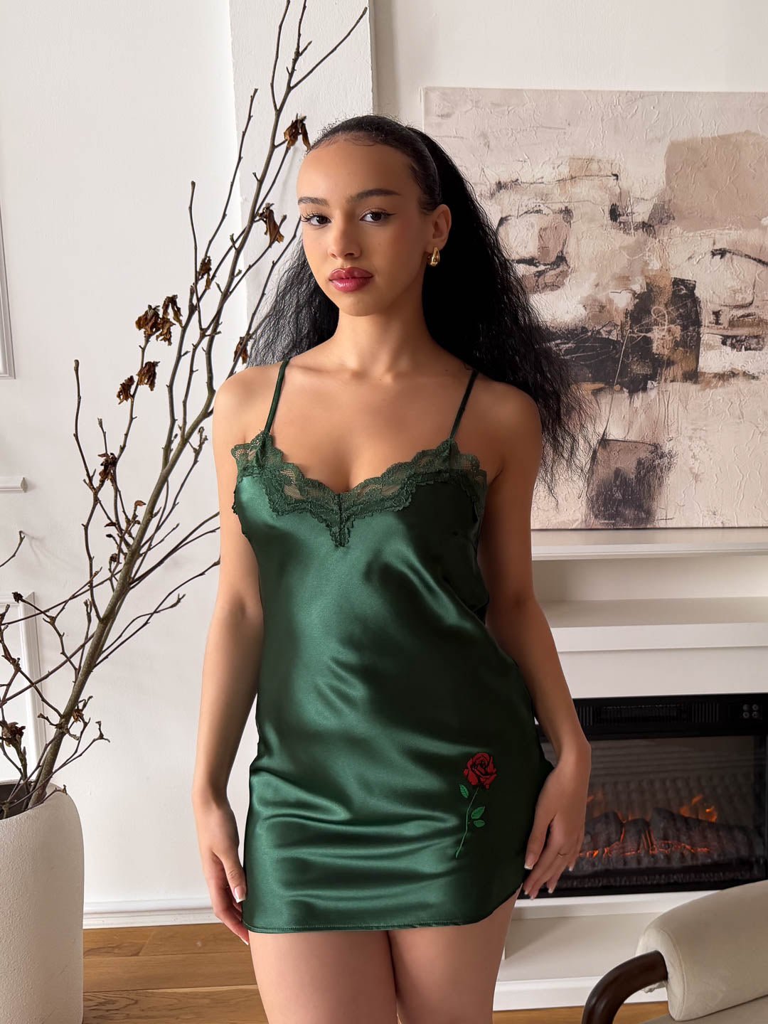 Emerald Green Chemise with Rose Print - Flag & Lace