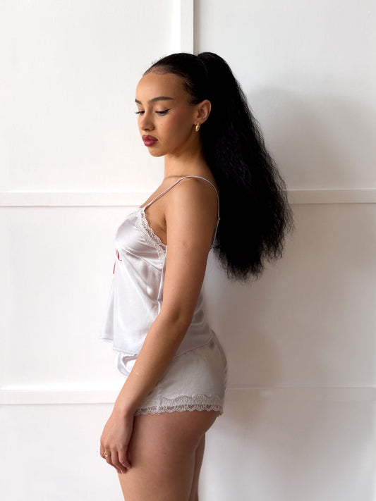 England White Satin Cami & Shorts Set - Flag & Lace