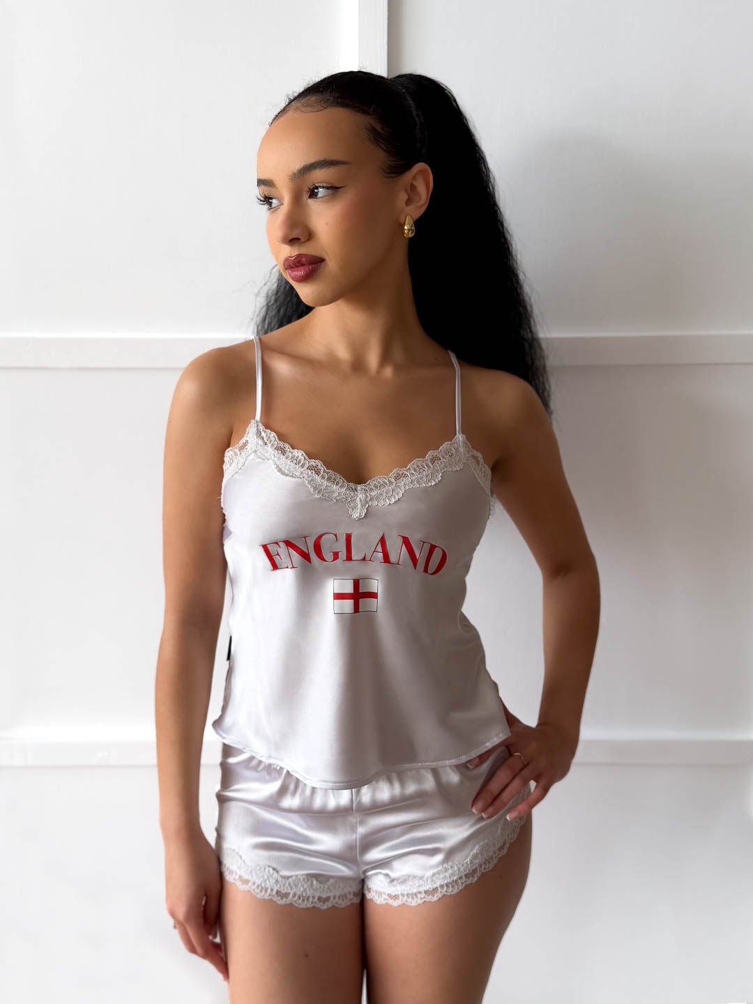 England White Satin Cami & Shorts Set - Flag & Lace