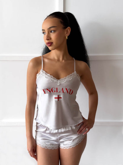 England White Satin Cami & Shorts Set - Flag & Lace